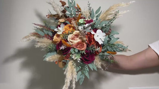 Wedding Bouquet Rust Burgundy Bouquet Bridal Terracotta Pampas Grass Bridesmaids Bouquet Burnt Orange Ivory Fall Hydrangea Artificial Flower