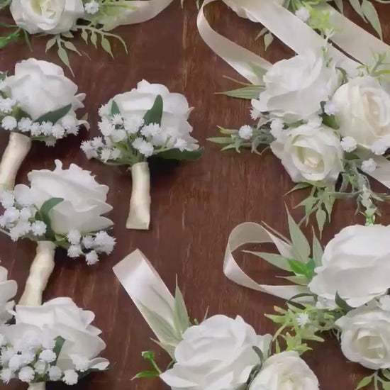 White Boutonniere Wedding Groom Boutonnière Baby Breath White Rose Groomsmen Rustic Boutonnières Prom Ivory Classic Artificial Flowers