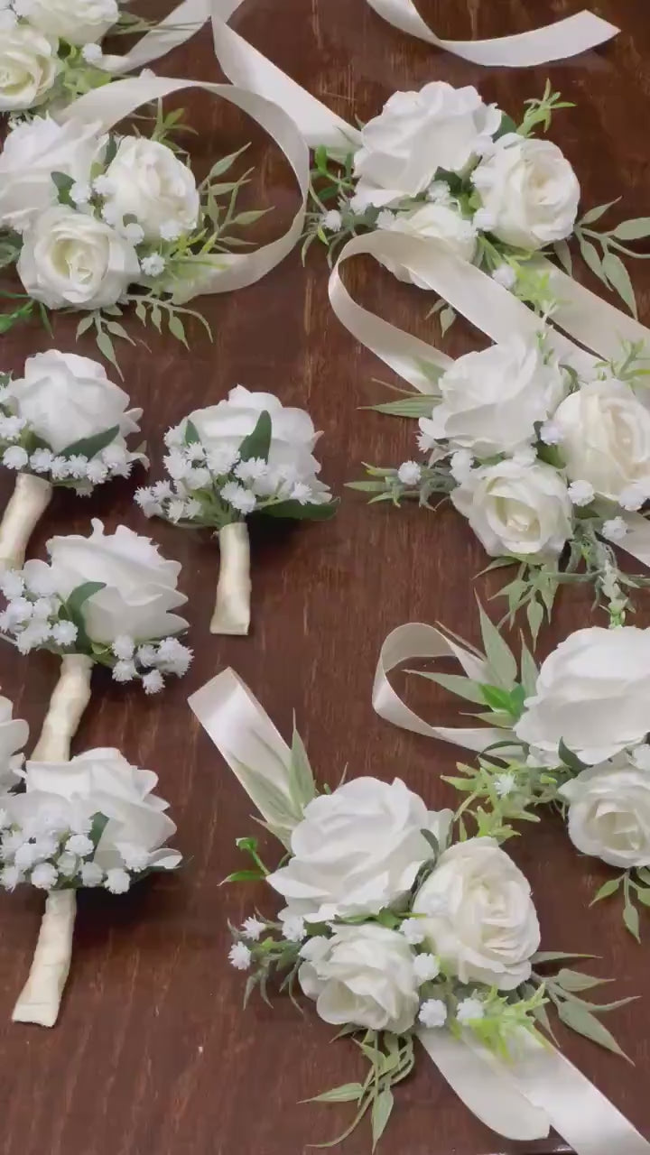 White Boutonniere Wedding Groom Boutonnière Baby Breath White Rose Groomsmen Rustic Boutonnières Prom Ivory Classic Artificial Flowers