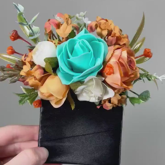 Wedding Turquoise Bouquet Terracotta Boho Bridal Rust Wedding Teal Cascading Bouquet Burnt Orange Teal Decor Artificial Flower Fall