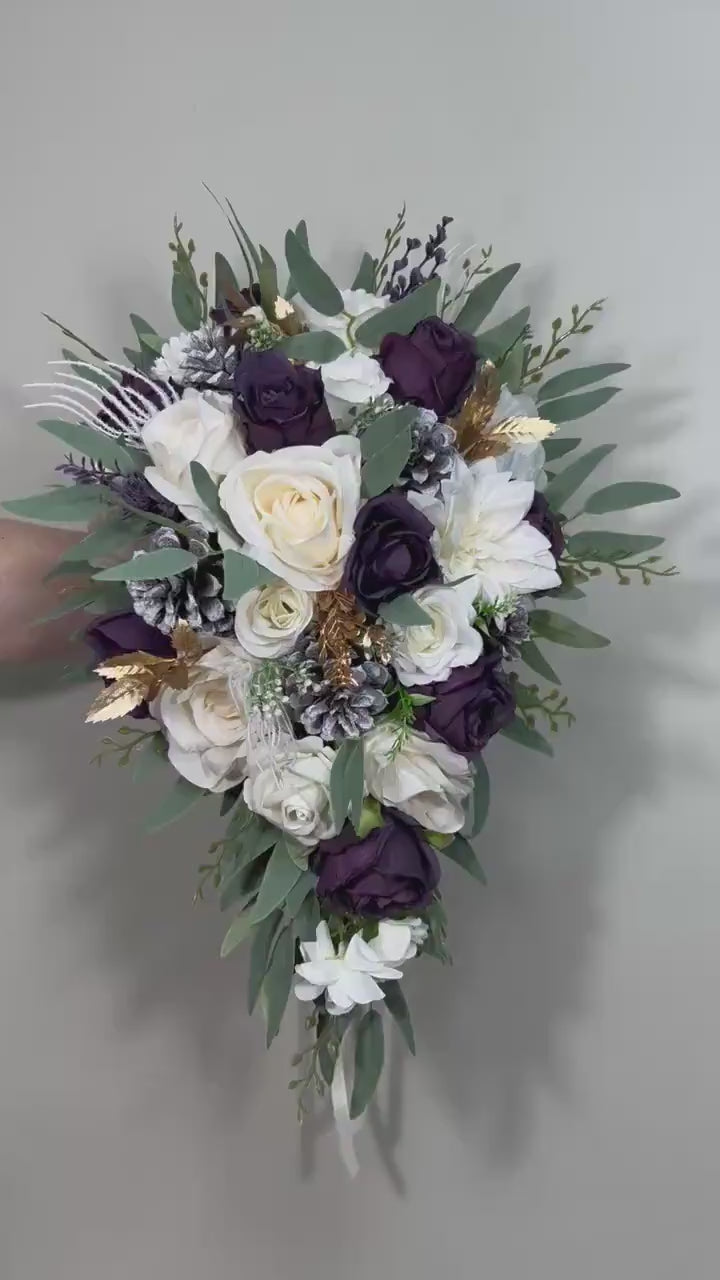 Plum Bouquet Wedding White Dark Purple Bridal Bouquet Cascade Plum Bridesmaids Cascading Bouquet White Plum Christmas Bouquet Pine Cone