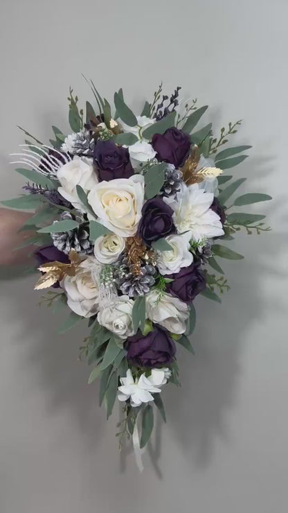 Plum Bouquet Wedding White Dark Purple Bridal Bouquet Cascade Plum Bridesmaids Cascading Bouquet White Plum Christmas Bouquet Pine Cone