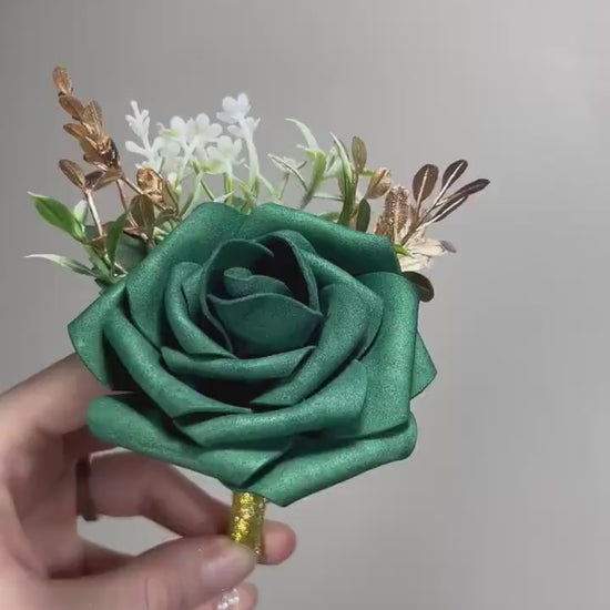 Emerald Green Boutonniere Wedding Groom Green Boutonnière Groomsmen Hunter Green Gold Boutonnière Forest Green Gold Artificial Flowers