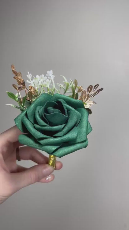 Emerald Green Boutonniere Wedding Groom Green Boutonnière Groomsmen Hunter Green Gold Boutonnière Forest Green Gold Artificial Flowers