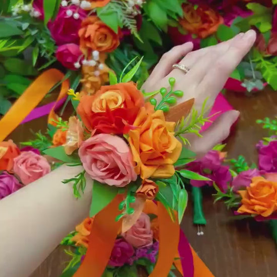 Orange Pink Cascading Bouquet Wedding Bridal Hot Pink Cascade Tropical Bridesmaids Bouquet Fuchsia Burnt Orange Ranunculus Magenta