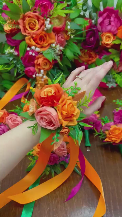 Orange Pink Cascading Bouquet Wedding Bridal Hot Pink Cascade Tropical Bridesmaids Bouquet Fuchsia Burnt Orange Ranunculus Magenta