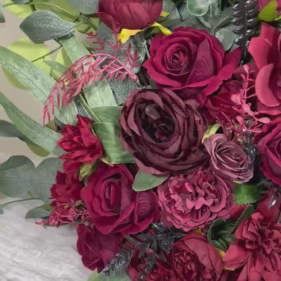 Wedding Aisle Marker Flower Floor Arrangement Whiskey Barrel Décor Burgundy Ground Arch Burgundy Barrel Flower Decor