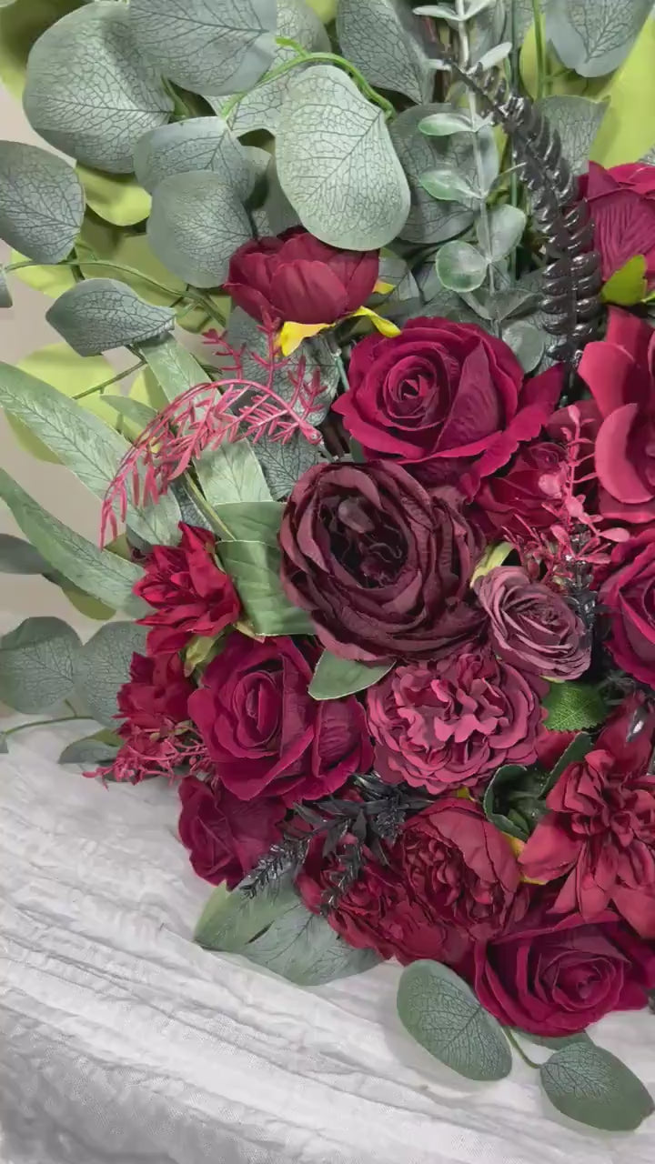 Wedding Aisle Marker Flower Floor Arrangement Whiskey Barrel Décor Burgundy Ground Arch Burgundy Barrel Flower Decor