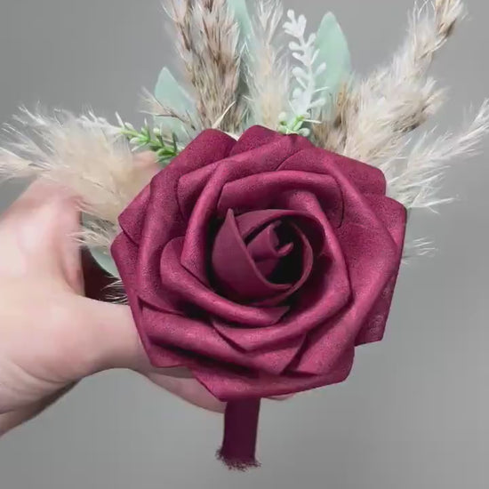 Burgundy Boutonniere Wedding Groom Burgundy Boutonnière Red Groomsmen  Boutonnière Groom Artificial Flowers