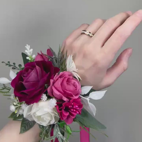 Fuchsia Corsage Wedding White Hot Pink Wrist Corsage Bridesmaids Magenta Raspberry Rose Prom Corsage Greenery Artificial Flowers