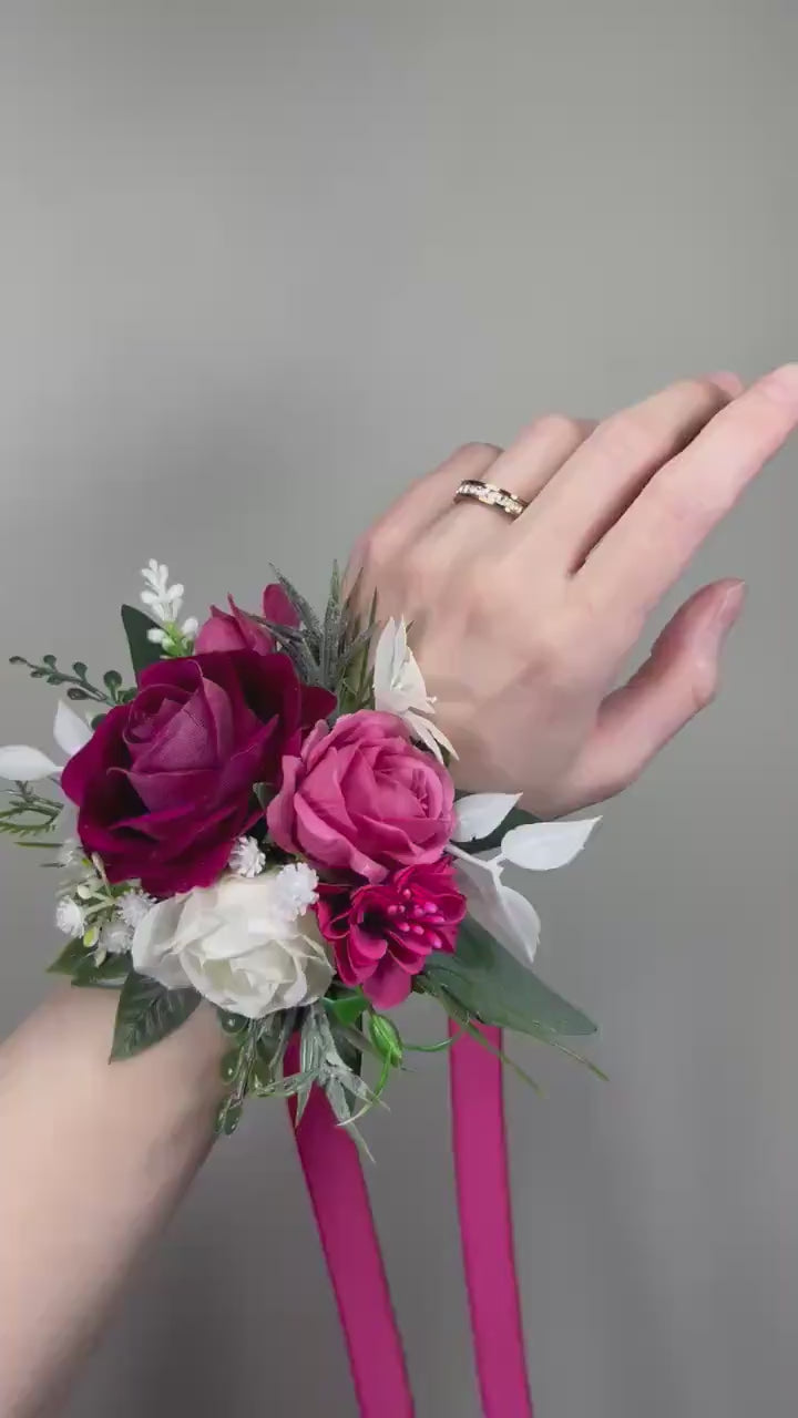 Fuchsia Corsage Wedding White Hot Pink Wrist Corsage Bridesmaids Magenta Raspberry Rose Prom Corsage Greenery Artificial Flowers