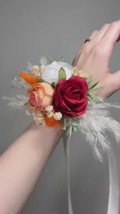 Orange Corsage Red Terracotta Wedding Wrist White Corsage Bridesmaids Corsage Rust Ivory Pampas Grass Accessories Artificial Flowers