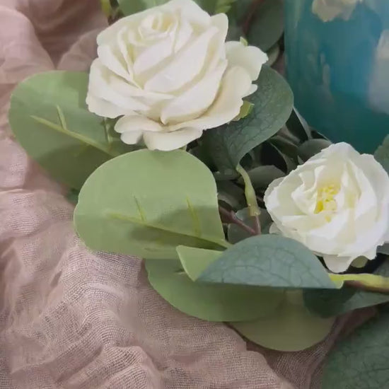 Wedding Wreath Centerpiece Table Decor White Garland Lantern Wreath Candle Ring Stand Eucalyptus Greenery Wedding Centerpiece Decor Sage