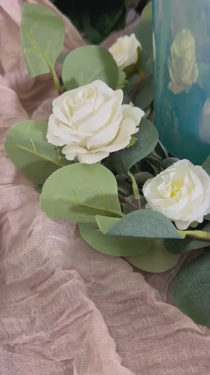 Wedding Wreath Centerpiece Table Decor White Garland Lantern Wreath Candle Ring Stand Eucalyptus Greenery Wedding Centerpiece Decor Sage