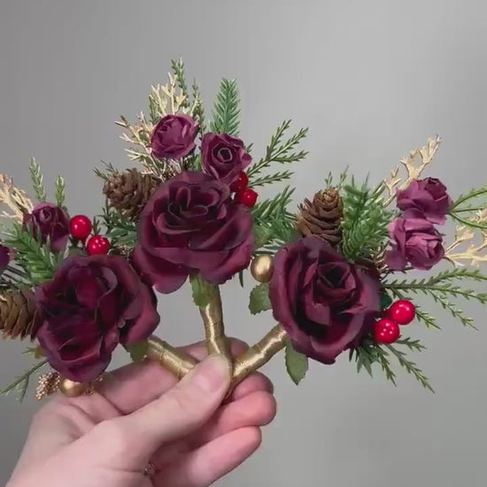 Burgundy Boutonnière Wedding Winter Groom Gold Groomsmen Maroon Boutonnière Christmas Holiday Pine Cones Rustic Artificial Flowers