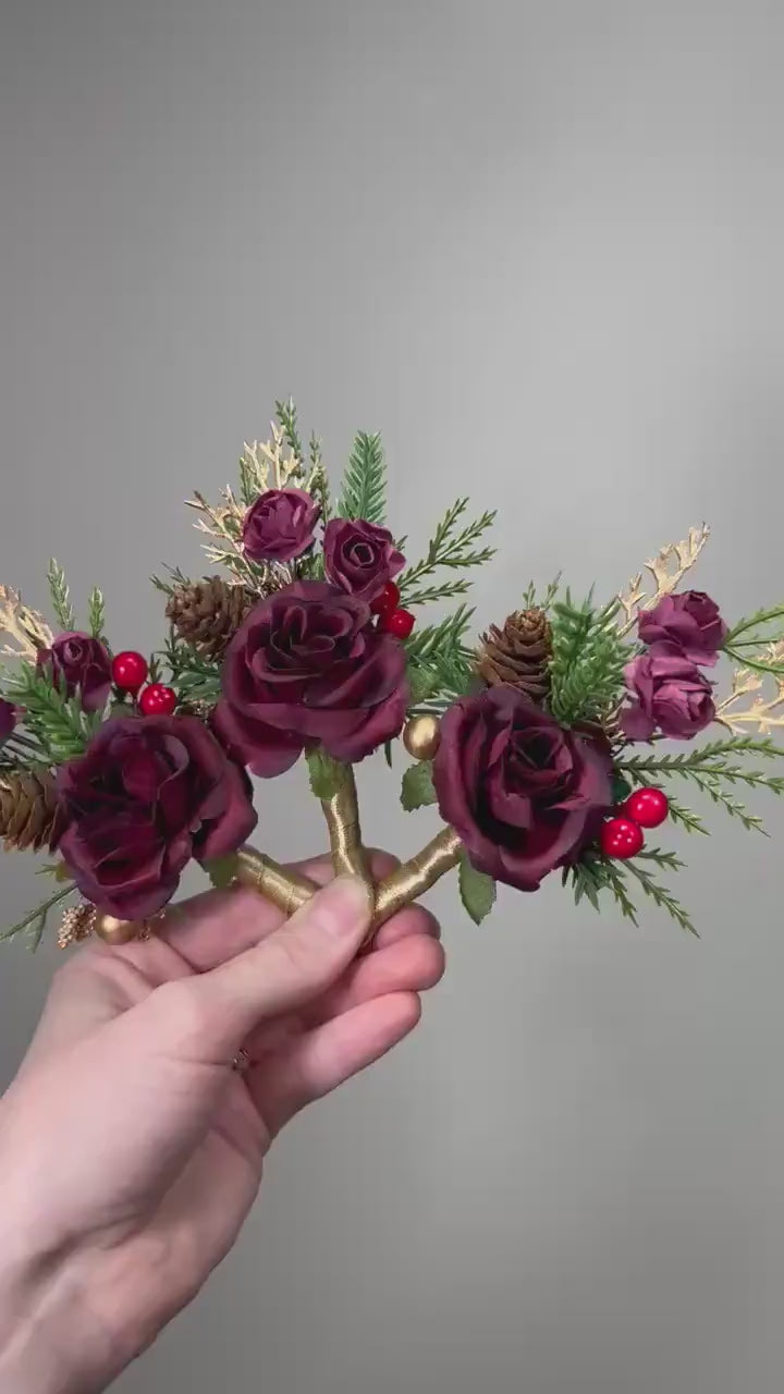 Burgundy Boutonnière Wedding Winter Groom Gold Groomsmen Maroon Boutonnière Christmas Holiday Pine Cones Rustic Artificial Flowers