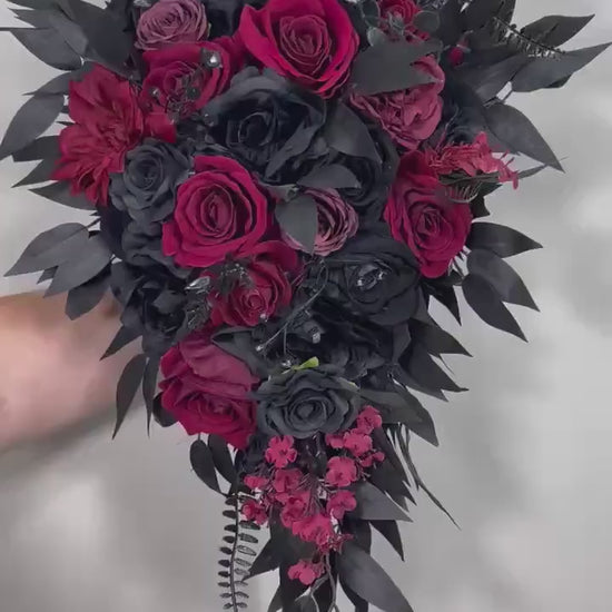Wedding Cascade Black Bouquet Burgundy Gothic Bridal Halloween Cascading Bouquet Black Decor Burgundy Artificial Flower Bridesmaids Black