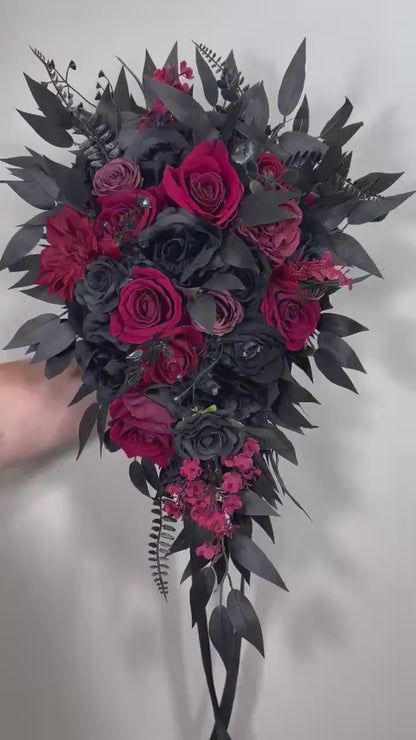 Wedding Cascade Black Bouquet Burgundy Gothic Bridal Halloween Cascading Bouquet Black Decor Burgundy Artificial Flower Bridesmaids Black