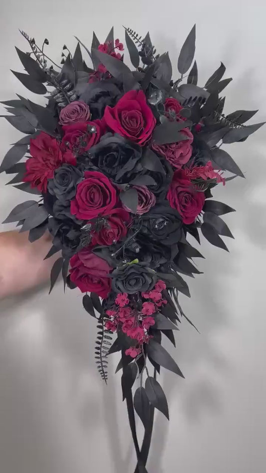 Wedding Cascade Black Bouquet Burgundy Gothic Bridal Halloween Cascading Bouquet Black Decor Burgundy Artificial Flower Bridesmaids Black