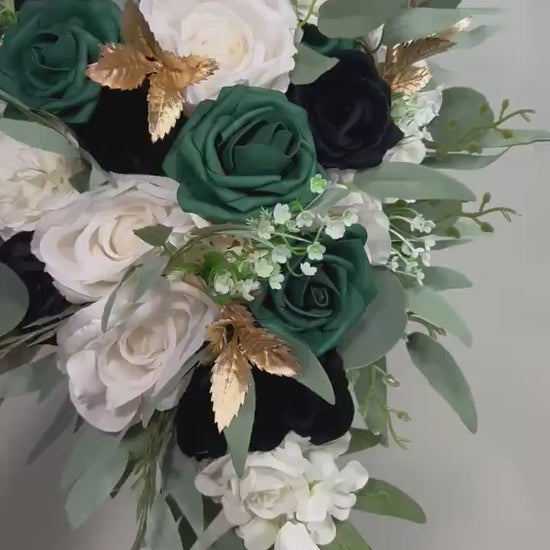 Emerald Green Bouquet Bridal Cascade White Black Bouquet Bridesmaids Emerald Green Forest Black Cascading Bouquet Gold Artificial Flower