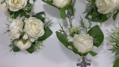 Christian Boutonniere With Cross Pin On Corsage Wrist Groom Wedding Groomsmen Boutonnière Ivory White Rose Catholic Wedding