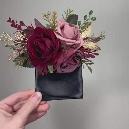Burgundy Dusty Rose Pocket Boutonniere Wedding Blush Maroon Groom Square Boutonniere Gold Rustic Wine Red Artificial Flowers