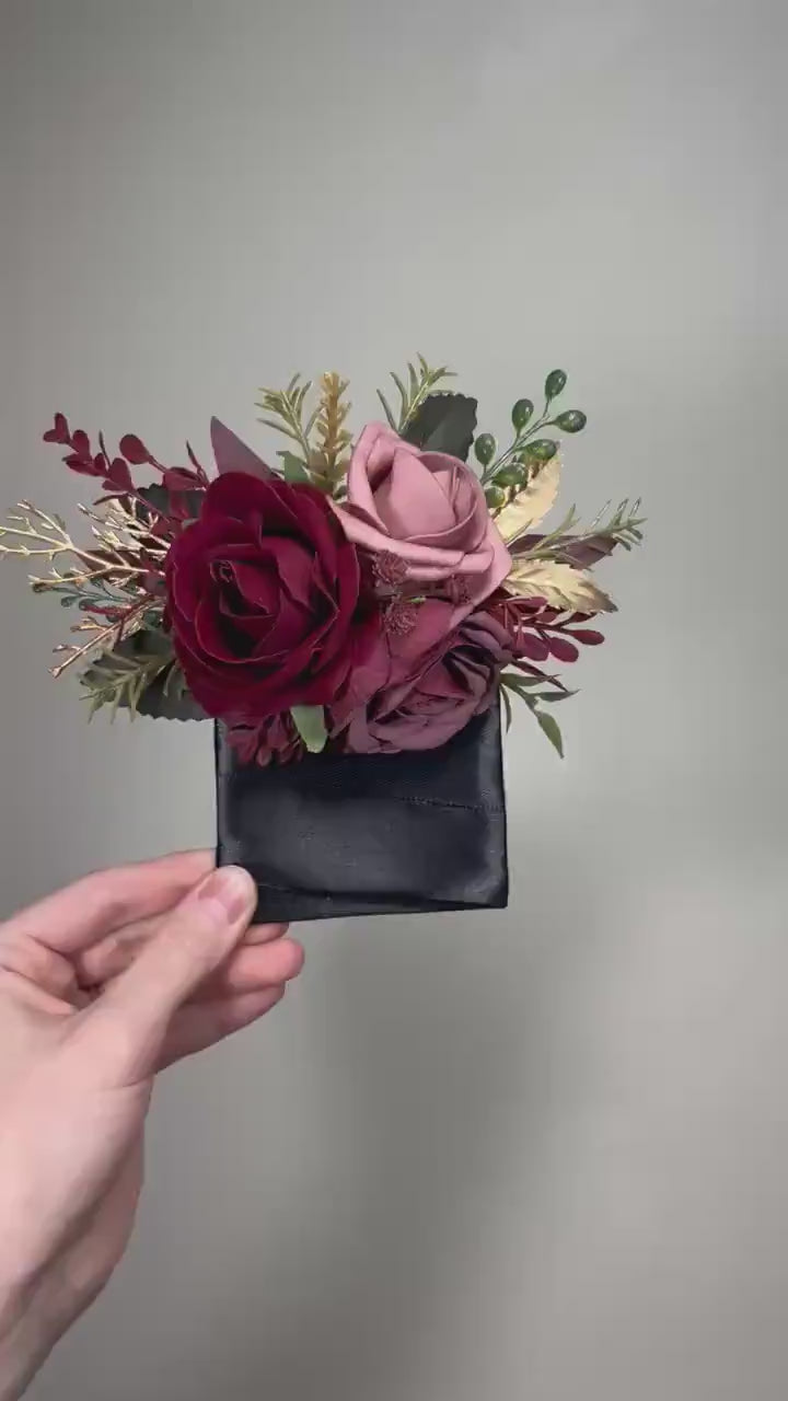Burgundy Dusty Rose Pocket Boutonniere Wedding Blush Maroon Groom Square Boutonniere Gold Rustic Wine Red Artificial Flowers