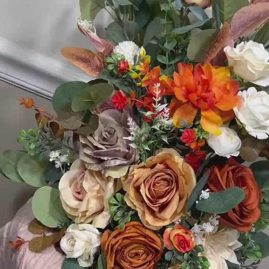 Set of 2 Wedding Aisle Marker Flower Floor Arrangement Whiskey Barrel Décor Orange Terracotta Ground Arch Rust Burn Orange White