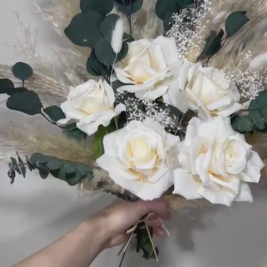 Wedding White Bouquet Bridal Boho Bouquet Pampas Grass Eucalyptus Bouquet Greenery Ivory Bridesmaids Bouquet Emerland Dried Flower