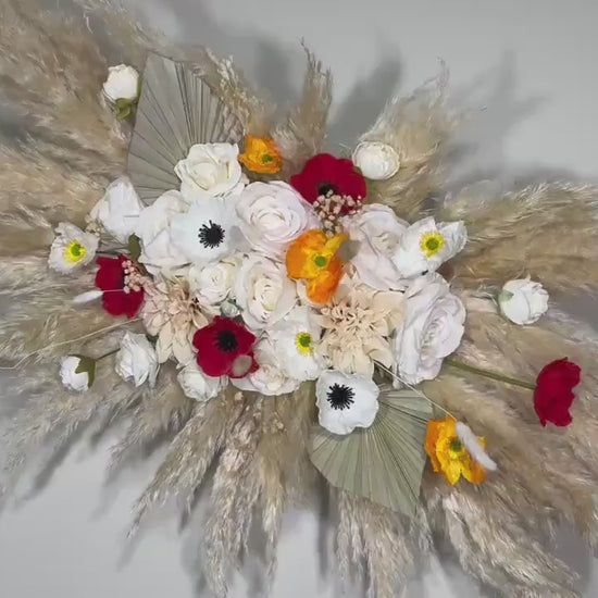 Wedding Arch Arrangement White Boho Anemone Arch Aisle Poppy Arrangement Arbor Pampas Grass Ivory Terracotta Arch Palms Leaves Red Poppies