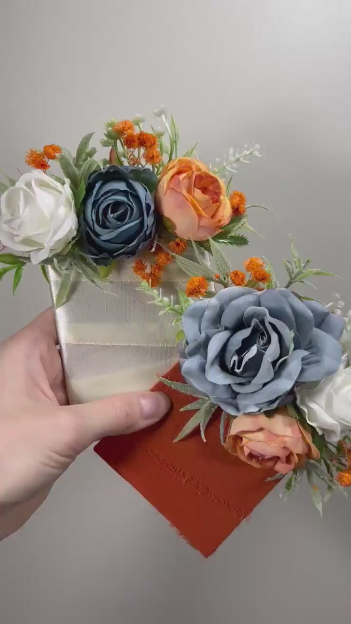 Dusty Blue Orange Corsage Wedding Blue Terracotta Wrist Corsage Dusty Blue Burnt Orange Corsage Bridesmaids White Blue Orange Mom Corsage