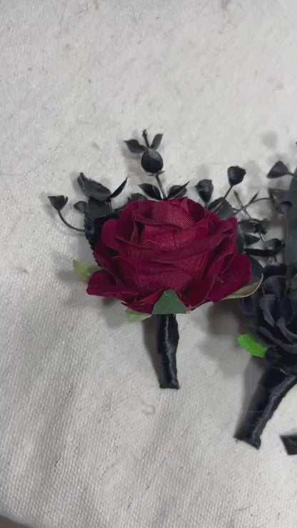 Black Burgundy Boutonniere Groom Black Boutonnières Burgundy Black Groomsmen Gothic Artificial Flowers Boutonnière Halloween Boutonniere