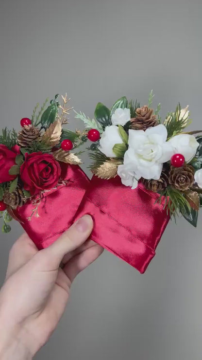 Wedding Christmas Bouquet Bridal Red White Rustic Bridesmaids Decor Gold Christmas Tree Winter Snow Pine Cone Red Berries Artificial