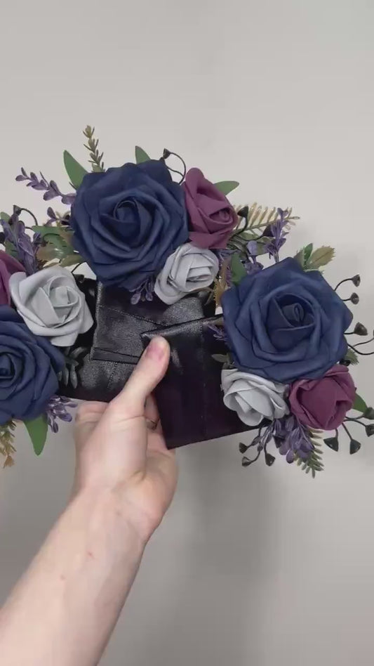 Navy Blue Plum Boutonniere Wedding Groom Pocket Boutonnière Blue Dark Purple Grey Groomsmen Square Boutonniere Navy Blue Artificial Flowers