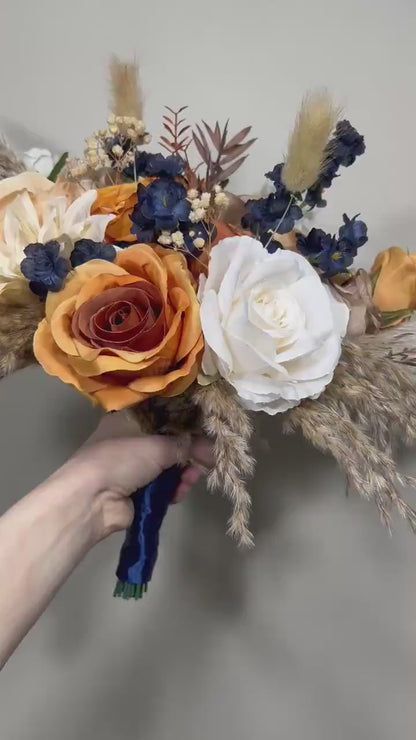 Wedding Bouquet Navy Blue Terracotta Boho Bridal Rust White Bouquet Burnt Orange Brown Cinnamon Navy Blue Artificial Flower Pampas Grass