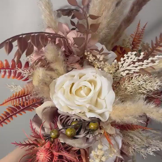 Wedding Cascade Bouquet Terracotta Bridal Cascading Boho Rust Bouquet Wedding Burnt Orange Bridesmaids Decor Handmade Flower Artificial