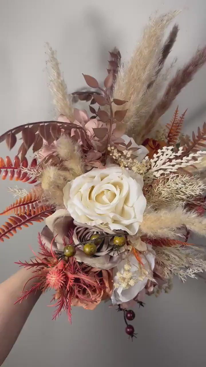 Wedding Cascade Bouquet Terracotta Bridal Cascading Boho Rust Bouquet Wedding Burnt Orange Bridesmaids Decor Handmade Flower Artificial