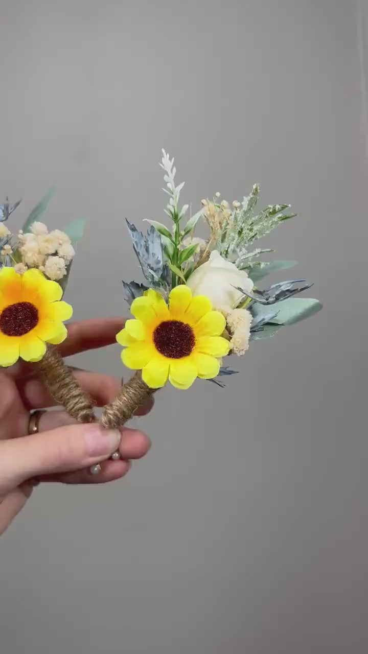 Sunflower Boutonniere Groom Boutonnières Dusty Blue Groomsmen Sunflower Blue Boutonnière Groom Fall Sunflower Baby Breath Artificial Flowers