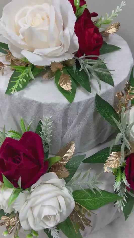White Red Cake Decoration Wedding Cake Topper Red Flower Cake Arrangements White Red Gold Cake Decoration Ivory Red Flower Cake Decor Gold
