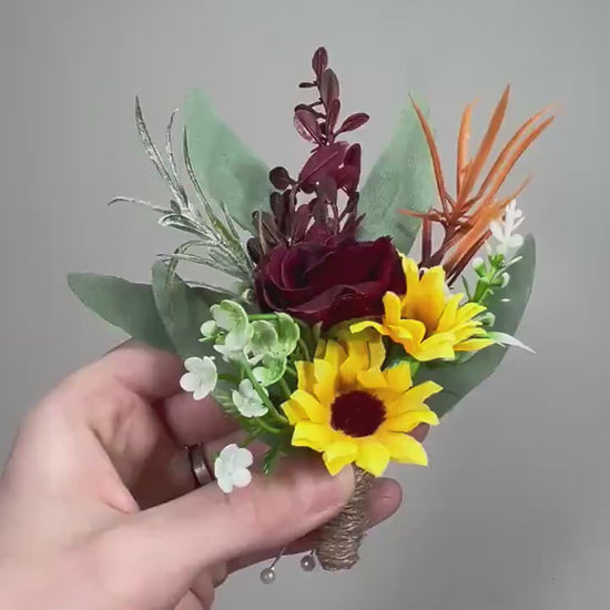 Wedding Sunflower Burgundy Boutonniere Groom Boutonnières Groomsmen Sunflower Boutonnière Maroon Fall Sunflower Yellow Artificial Flowers