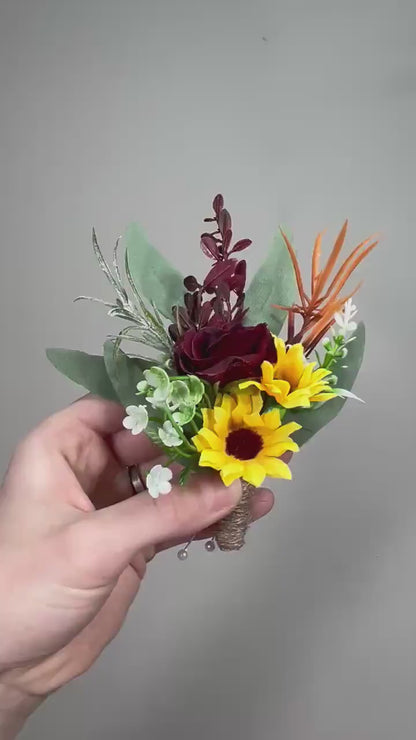 Wedding Sunflower Burgundy Boutonniere Groom Boutonnières Groomsmen Sunflower Boutonnière Maroon Fall Sunflower Yellow Artificial Flowers