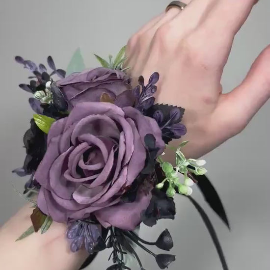 Black Purple Corsage Wedding Gothic Wrist Corsage Bridesmaids Black Plum Corsage Mom Plum Black Dark Purple Corsage Prom Artificial Flower