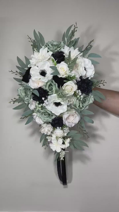 Dusty Sage Bouquet Bridal Cascade White Sage Green Bridesmaids Bouquet Anemone Ivory Black Green Cascading Bouquet Sage Artificial Flower