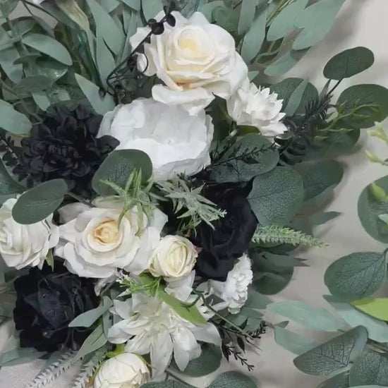 Wedding Aisle Marker Flower Floor Arrangement Whiskey Barrel Décor Black and White Ground Arch Wedding Ivory