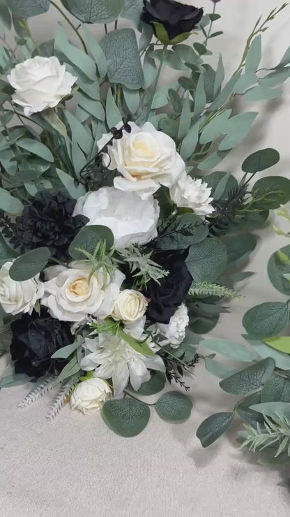 Wedding Aisle Marker Flower Floor Arrangement Whiskey Barrel Décor Black and White Ground Arch Wedding Ivory