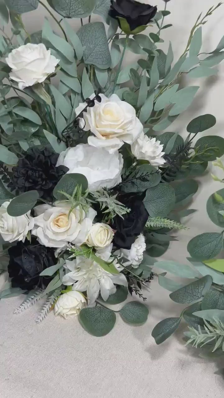 Wedding Aisle Marker Flower Floor Arrangement Whiskey Barrel Décor Black and White Ground Arch Wedding Ivory