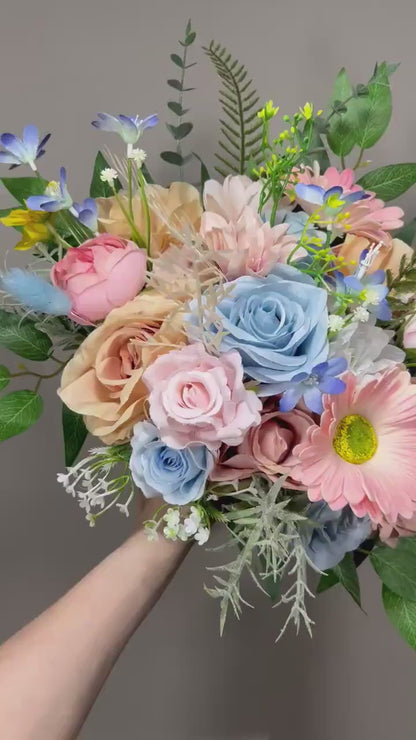Wedding Bouquet Wild Flower Summer Pink Bridal White Spring Bouquet Pink Blush Blue Bridesmaids Bouquet Blue Wild Flower Artificial