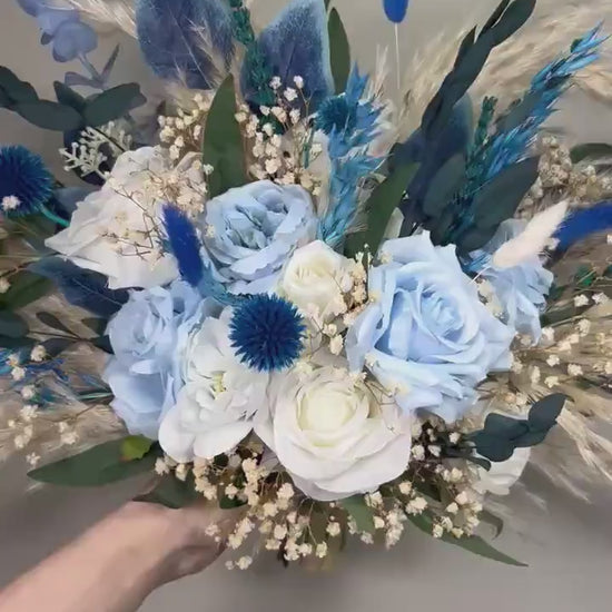 White Blue Bouquet Bridal Wedding Boho Sky Blue Baby Pampas Grass Baby Breath Eucalyptus Bridesmaids Bouquet Ivory Blue Artificial Flowers