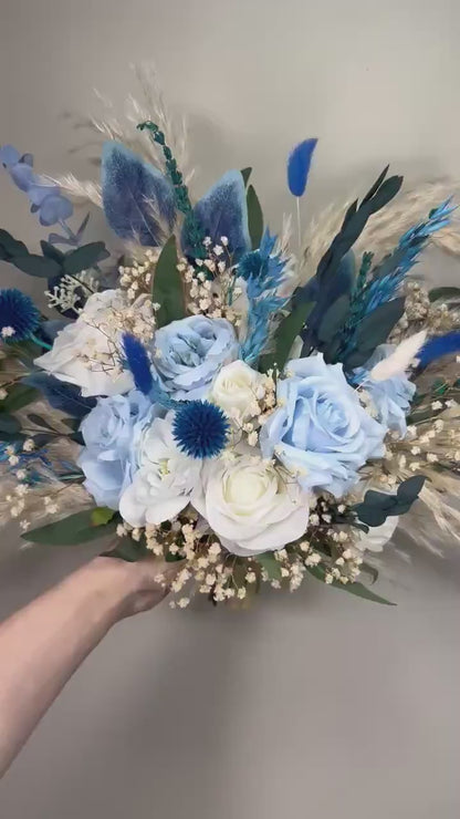 White Blue Bouquet Bridal Wedding Boho Sky Blue Baby Pampas Grass Baby Breath Eucalyptus Bridesmaids Bouquet Ivory Blue Artificial Flowers