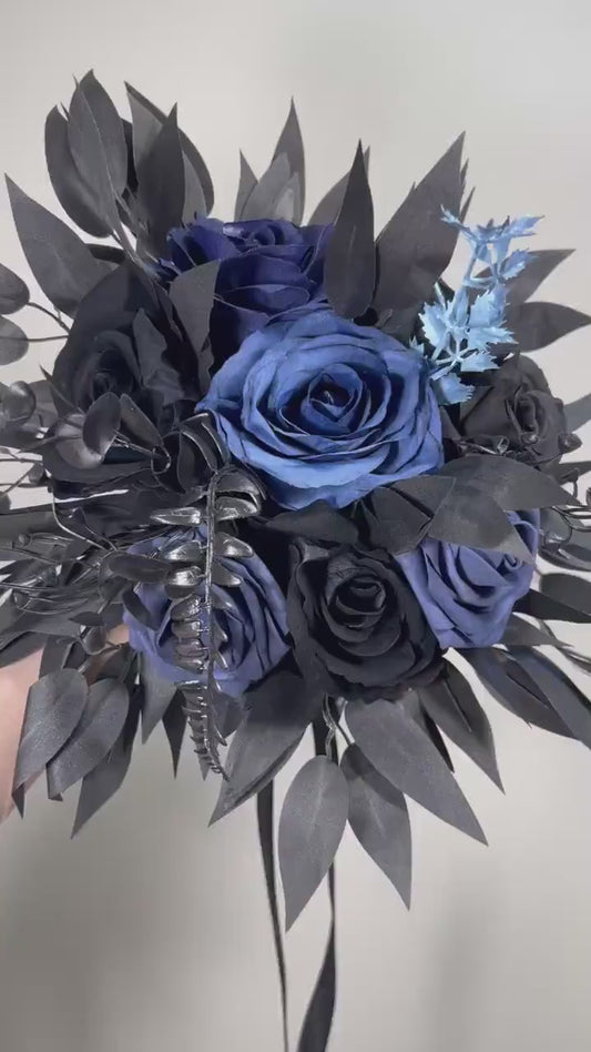 Black Navy Blue Bouquet Wedding Bridal Black Dark Blue Gothic Bouquet Black Bridesmaids Bouquet Black Dark Blue Navy Artificial Flower